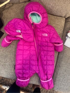 The North Face Girls Magenta Quilted One-Piece Snowsuit and Hat